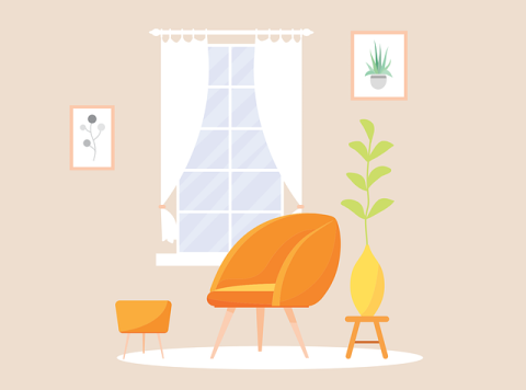 Brown room with an orange armchair and ottoman. Small end table with plant with a yellow pot in front of a window with white curtains. Two paintings hang on the wall.